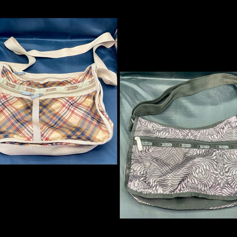 Set of LeSportsac Bags: Beige Plaid Deluxe Everyday Bag & Purple/Black Hobo